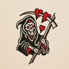 a drawing of a skeleton holding a sculler with hearts on it