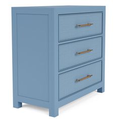 a blue dresser with three drawers and gold handles on the bottom, against a white background