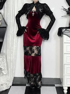 This stunning dress features intricate lace trim, a see-through lace patchwork design, and a striking cross pendant for added edge. Made with a comfortable blend of polyester and spandex, this dress is as versatile as it is chic. Available in a bold red color and a range of sizes, including S, M, and L, this dress is s Pastel Alternative Fashion, Alternative Fashion Skirts, Patch Work Dress, Lace Patchwork Dress, White Cropped Cardigan, Gothic Dresses, Cargo Shorts Women, Sequin Halter Dress, Aesthetic Collection