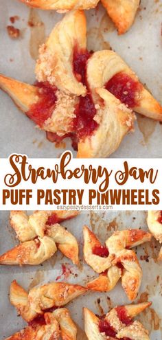 strawberry jam puff pastry pieces on a baking sheet with text overlay that reads, strawberry jam puff pastry pretzels