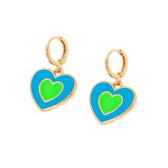 Colorful drop earrings featuring enamel-coated hearts on 18k gold-plated huggie posts. 0.87" W x 1.38" L 18k gold-plated copper / enamel Valentine's Day Heart Charm Enamel Earrings, Enamel Huggie Jewelry Gift, Valentine's Day Enamel Dangle Earrings, Enamel Earrings With Heart Charm As Gift, Enamel Heart Charm Earrings As Gift, Gold Enamel Heart Charm Earrings, Gold Enamel Heart Earrings, Heart Charm Enamel Earrings, Heart-shaped Enamel Earrings With Charm