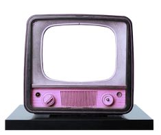 an old fashioned pink tv sitting on top of a black stand with no one around it