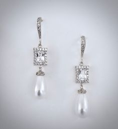 Pearl Wedding Jewelry - Pearl and CZ Bridal Earrings - Available in Silver and Yellow Gold