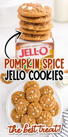 pumpkin spice jello cookies stacked on top of each other with the title overlay