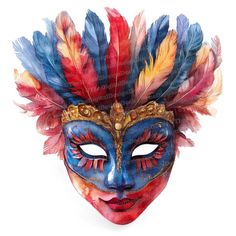 a colorful mask with feathers on it's face is shown against a white background