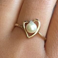 10k Solid Yellow Gold Genuine Diamond Pearl Ring Size 6.75 Fast Shipping Diamond Pearl Ring, Pearl And Diamond Ring, Pearl Ring, Womens Jewelry Rings, Solid Yellow, Wish List, Ring Size, Yellow Gold, Women Jewelry