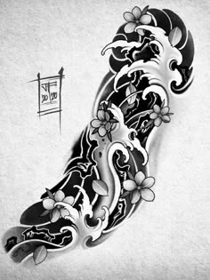 a black and white tattoo design with flowers on it