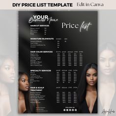 Hair Pricing Template, Editable Hairstylist Price List Template, Hair stylist Pricing Guide Sheet, Hair Business Price Black and White Flyer ⭐️ WELCOME TO AHJIN HUB ⭐️ We are your source and destination of all things template ideas. Keep Your Business Organized with this Minimal and Neutral flyer template that is perfect for your social media. This Price template is perfect for small businesses such as beauty salons, nail salons, hair or spa businesses. The template is easy to customize and will Hair Business Price List, Hairstylist Price List Template, Hair Business Flyer, Hair Salon Flyer Design, Hair Price List Ideas, Hairstylist Price List, Wig Price List, Hair Flyers Ideas, Braids Price List