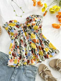 SHEIN WYWH Summer Vacation Leisure Apricot&Blue&Yellow Fruit  Knot Bust Frill Trim Shirred Back Tube TopI discovered amazing products on SHEIN.com, come check them out! Cute Tube Tops, Boho Plus Size, Vegetable Plants, Yellow Fruit, Casual Chique, Tanktop Girl, Top Cropped, Fabric Floral