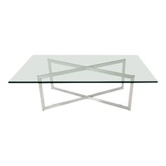 a glass table with metal legs on a white background