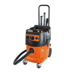 an orange and black vacuum cleaner on wheels with the words hepa written on it