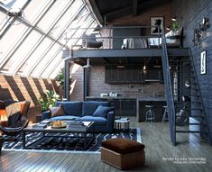 a loft apartment with high ceilings and wooden floors