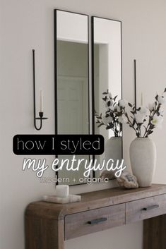 how I styled my entryway Foyer Ideas Entryway Modern, Entry Way Decor Ideas, Pinterest Mirror, Dream Entryway, Entryway Decor Modern, Foyer Mirror, Mirror And Sconces, Foyer Ideas Entryway, Entry Way Decor