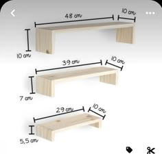 two wooden shelves with measurements for each shelf