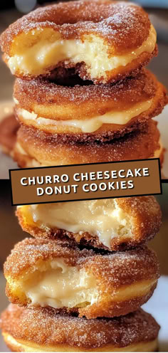 several donuts stacked on top of each other with cheesecake toppings in between them