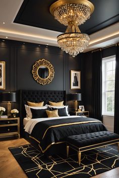 a black and gold bedroom with chandelier, bed, nightstands and windows