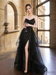 Lasaky - Black Evening Gown with Sparkling Sequins, Perfect for Artistic Performances, Formal Occasions and Parties Skirt Wedding Dress, Sequin Evening Gowns, Black Evening Gown, Banquet Dresses, Evening Gowns Elegant, Cotton Linen Dresses, Elegant Party, Wedding Dress Styles, Waist Circumference