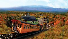 a train traveling through a lush green hillside covered in autumn foliage and surrounded by mountains