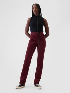 Fit: A full-length classic straight-leg pant that's slim through the hip & thigh.  Fabric: 75% Cotton, 18% Rayon, 5% Recycled Cotton, 2% Stretch.  ​ Stretch: High Stretch Jeans.  Innovative stretch with high recovery.   ​Made to move & always bounces back. ​ Rise: High Rise Pants.  Look: A classic five-pocket pant in soft corduroy.  Details: Zip fly & five-pocket styling. ​ Responsibly Made: This pair of pants is part of our water-saving Washwell program.  Compared with conventional wash methods, Washwell uses at least 20% less water and has saved over a billion liters of water since 2016.  Our High Rise Pant has an 11" 28 cm) rise. ​ Slim through the hip & thigh.  Straight leg.  Runs slightly small.  Size up for a roomier fit.  Full-length pant.  Hits below the ankle.  Inseam: Short 29" 7 Slim Fit Straight Jeans, Slim Fit Straight Bottoms For Fall, Slim Fit Straight Pants For Fall, Gap Wide Leg Fall Pants, Gap Wide Leg Pants For Fall, Fall Straight Fit Full Length Bottoms, Gap Pants With Pockets For Fall, Gap Bottoms With Five Pockets For Fall, Gap High Rise Pants For Fall