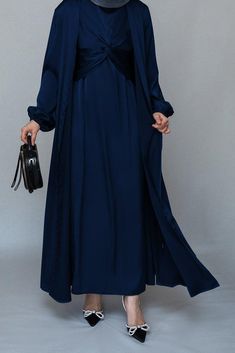 Vidonia 2 piece luxury 2 piece abaya with wrap bodice in navy - ANNAH HARIRI Elegant Solid Color Abaya For Eid, Elegant Solid Color Wedding Abaya, Elegant Floor-length Solid Abaya, Elegant Satin Abaya For Party, Eid Evening Solid Color Abaya, Evening Satin Maxi Abaya, Evening Satin Maxi-length Abaya, Evening Solid Color Maxi Length Abaya, Evening Solid Maxi Length Abaya