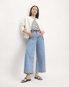 The Cropped Mariner Jean Wide Cropped Pants Outfit, Crop Jeans Outfit, Cropped Jeans Outfit, Everlane Jeans, White Jeans Outfit, Crop Jeans, Girls Outfits, Jeans Outfit, Jean Outfits