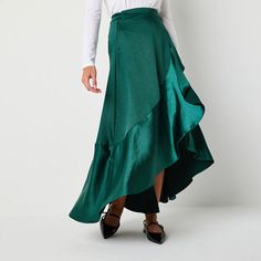 Amp up the glamor with this Ryegrass women's satin wrap skirt. Featuring a dramatic ruffled high low length and waist tie, you'll make a statement at the office or your next night out paired with a blouse or fitted top. Front Style: Flat FrontClosure Type: ButtonClosure Location: Right SideRise: High RiseApparel Length: 39 InchesFiber Content: 96% Polyester, 4% SpandexFabric Description: SatinLining: UnlinedSkirt Length: High Low LengthCare: Machine WashSkirt Type: Wrap SkirtsCountry of Origin:… Chic Satin Tiered Skirt, Spring Satin Ruffled Skirt, Spring Party Wrap Skirt With Ruffles, Summer Satin Tiered Skirt, Asymmetrical Ruffle Maxi Skirt For Party, Asymmetrical Ruffled Maxi Skirt For Party, Elegant Bottoms With Ruffles And High-low Hem, Asymmetrical Hem Draped Ruffled Skirt For Party, Elegant Asymmetrical Hem Maxi Skirt