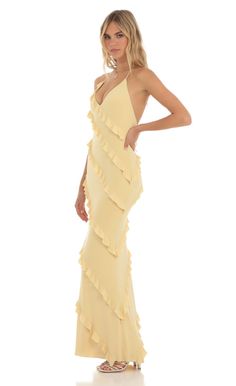 Daffodil Ruffle Halter Maxi Dress in Yellow | LUCY IN THE SKY Yellow Bridesmaid Dress, Yellow Bridesmaid, School Formal, Yellow Maxi Dress, Yellow Bridesmaid Dresses, Yellow Bridesmaids, Yellow Dresses, Prom Inspo, Comfy Outfit