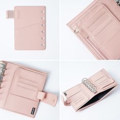 four different photos of pink leather wallets