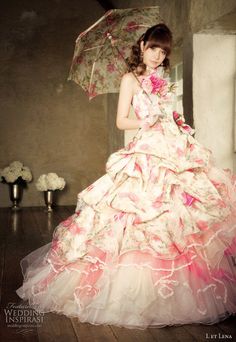 L et Lena photo shoot featuring Fuji Lena color wedding dress Floral Print Wedding Dress, Wedding Fotos, Beautiful Ball Gowns, Pink Wedding Dresses, Floral Wedding Dress, Beautiful Costumes, Colored Wedding Dresses, Zuhair Murad