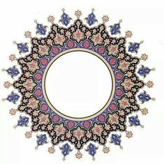 an ornate circular design with blue, pink and orange flowers in the center on a white background