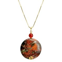 Gorgeous Colors of Jasper and Carnelian on an Italian Vermeil Necklace * Due to inherent nature of natural stones, there may be slight variation in stone sizes, shapes, colors and patterns * Stones: Carnelian, Jasper Stone Size: Jasper stone approx. 1 1/2" in diameter Length: Italian 18kt gold plated sterling silver box link chain. Adjustable length approx. 16" - 18" Material: Vermeil Made in: USA Italian Chain, Stone Pattern, Silver Box, Jasper Stone, Vibrant Orange, Gold Plated Sterling Silver, Colors And Patterns, Link Chain, Stone Color