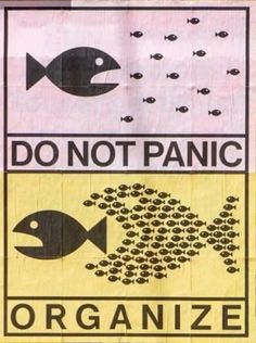 a sign that says do not panic and an image of fish