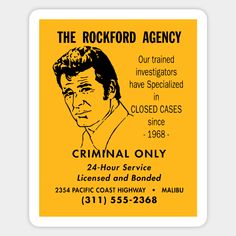 the rockford agent sticker is shown in black and yellow, with an image of him