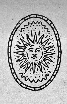 a black and white drawing of a sun in a circle