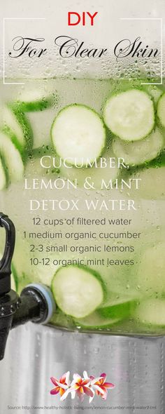 5 detox water recipes for maintaining a healthy clear skin! Discover DIY beauty recipes and natural skin care tips at http://www.purefiji.com/blog/drink-clear-glowing-skin/ | Spa Water Diy Detox Cleanse, Mint Detox Water, Fruit Detox, Fruit Infused Water Recipes, Infused Water Recipes, Smoothie Detox, Detox Water Recipes, Fruit Infused Water, Spa Water