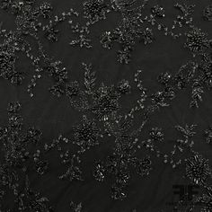 Couture Floral Beaded Netting - Black Content - Poly/Nylon Blend Color - Black Width - 45" Fabric Care - Dry Clean Only Not Reorderable Black Star Fabric, Luxury Black Embroidered Sequin Fabric, Luxury Black Embroidered Fabric With Motifs, Black Floral Fabric, Black Lace Aesthetic, Exam Moodboard, Red Piercing, Embroidery On Black Fabric, Black Fabric Texture