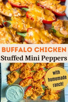 buffalo chicken stuffed mini peppers with homemade ranch dressing in the background and text overlay