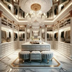 an elegant walk in closet with chandelier and stools