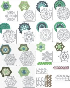 many different types of crochet designs on white paper with green and blue colors