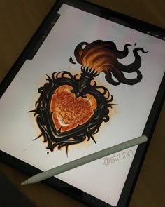 a drawing on a tablet with a pencil in front of it and an image of a heart