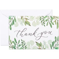 a thank card with green leaves on it