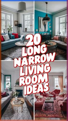 the living room is decorated in blue and red colors with text overlaying it