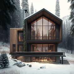 a house in the middle of a snowy forest