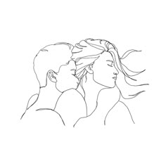 a line drawing of two people facing each other, one with long hair and the other without