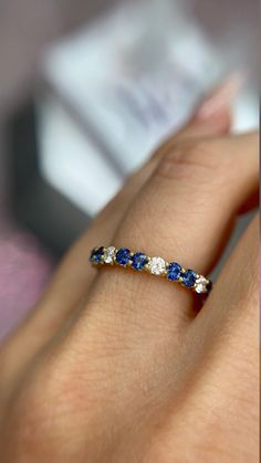 DETAILS: * Handmade item * Gemstone: Sapphire, Natural Diamond * Gem color: Blue * Band color: Yellow Gold (may vary on gold selection) * Condition: Never been Used; Made to order, Recycled Metal, Conflict-free 100% DESCRIPTION: 💎 Welcome to the Our Shop, Congratulations🍾 on discovering us. 💎 You'll be amazed at the beauty and delicate craftsmanship of this ring. This custom 18-karat gold stacking eternity ring features alternating 2 round blue sapphire sit side-by-side with one white diamond Blue Gemstone Eternity Band In Fine Jewelry Style, Blue Cubic Zirconia Eternity Band With Prong Setting, Blue Diamond Ring With Half Eternity Band, Elegant Sapphire Eternity Band Gift, Diamond Gemstone Eternity Band For Promise, Yellow Gold Gemstone Eternity Band For Anniversary, Anniversary Yellow Gold Cubic Zirconia Gemstones, Elegant Blue Eternity Band With Vvs Clarity, Blue Brilliant Cut Eternity Band For Anniversary