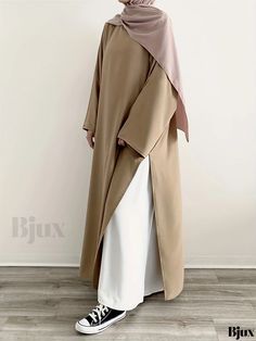 Bjux - Premium Collection: Womens Solid Split Crew Neck Kaftan Abayas - Exquisite Long Sleeve Maxi Length Dress Clothes For Hijabi Women, Kimono Style Abaya, Emirati Abaya, Flowy Abaya, Types Of Abaya, Abaya Sleeves, Dress For Hijab, Elegant Hijab Dress, Kaftan Hijab