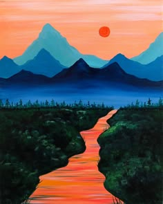 an acrylic painting of a sunset over a river with mountains in the background