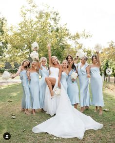 Ash Blue Bridesmaid Dresses, Timeless Wedding Theme, Bridesmaid Color Scheme, Large Bridal Party, Light Blue Bridesmaid Dresses, Elegant Wedding Party, Baby Blue Weddings, Light Blue Bridesmaid, Wedding Parties Colors