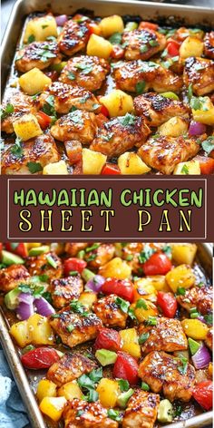 hawaiian chicken sheet pan with pineapples and peppers