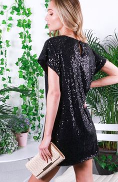 Women's short sleeve black sequin mini dress Spring Sequin Dress With Contrast Sequin And Short Sleeves, Sequined Mini Dress For Going Out Party Season, Dressy Black Sequin Dress, Spring Sequin Dress With Contrast And Short Sleeves, Chic Sequin Fabric For Summer Date Night, Fitted Short Sleeve Dress For Summer Night Out, Black Sequin Dress With Contrast Sequin For Holiday Party, Black Mini Sequin Dress For Holidays, Black Sequin Dress For Holiday